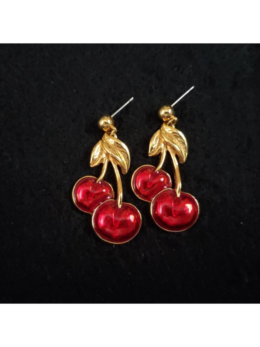 Vintage Avon Cherry Earrings Gold Tone Red Dangle 1 3/8"